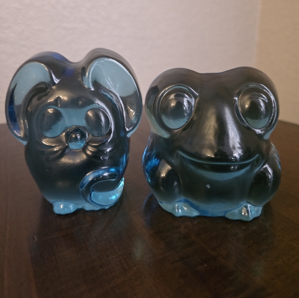 Vintage Blue Glaas Frog And Mouse Figurine
